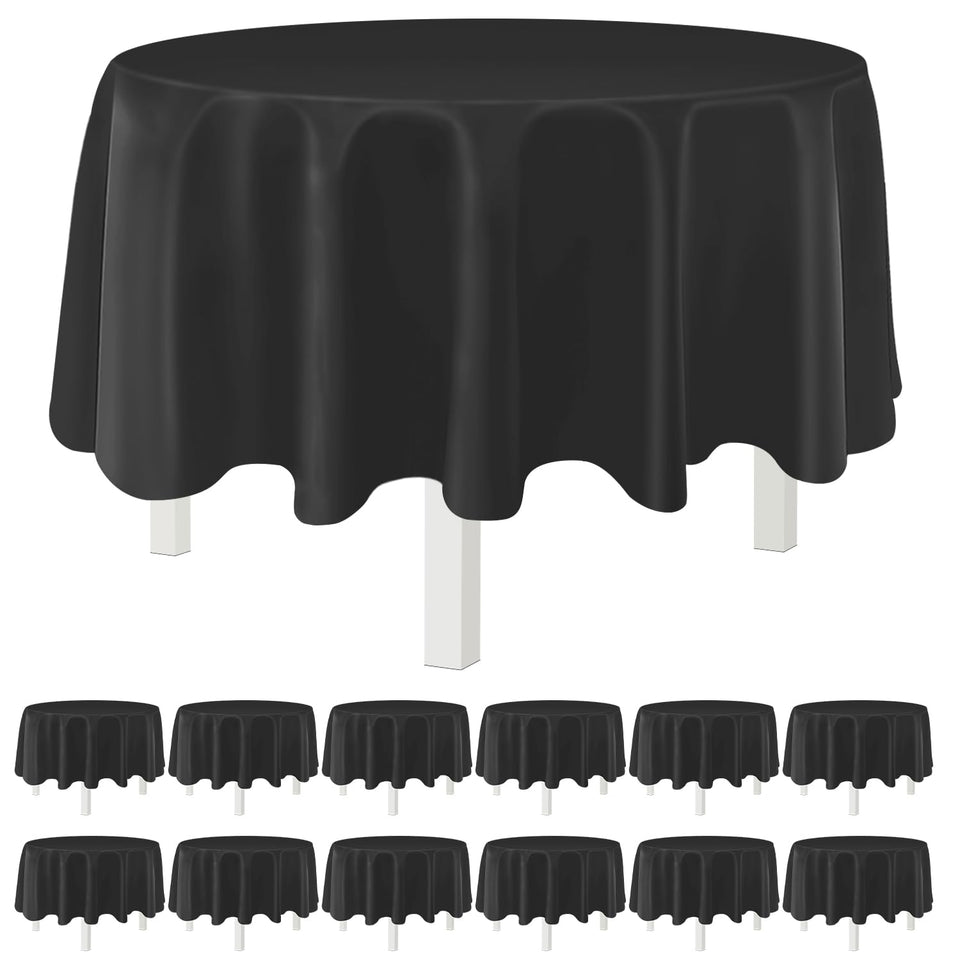 Kongdaoth Black 84-inch round tablecloth draped on table for a polished party look