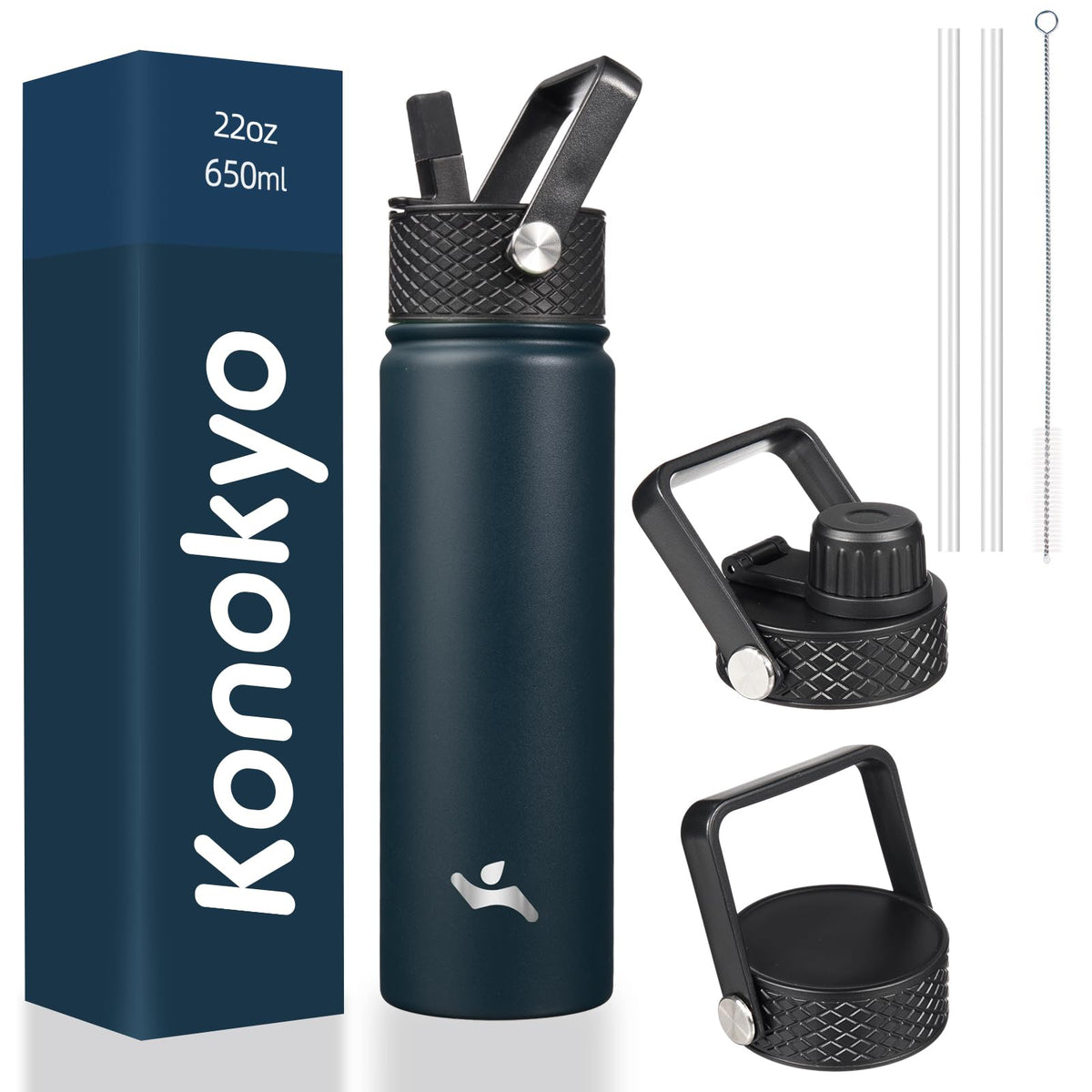 Konokyo 22oz bottle with three lids for versatile hydration on the go
