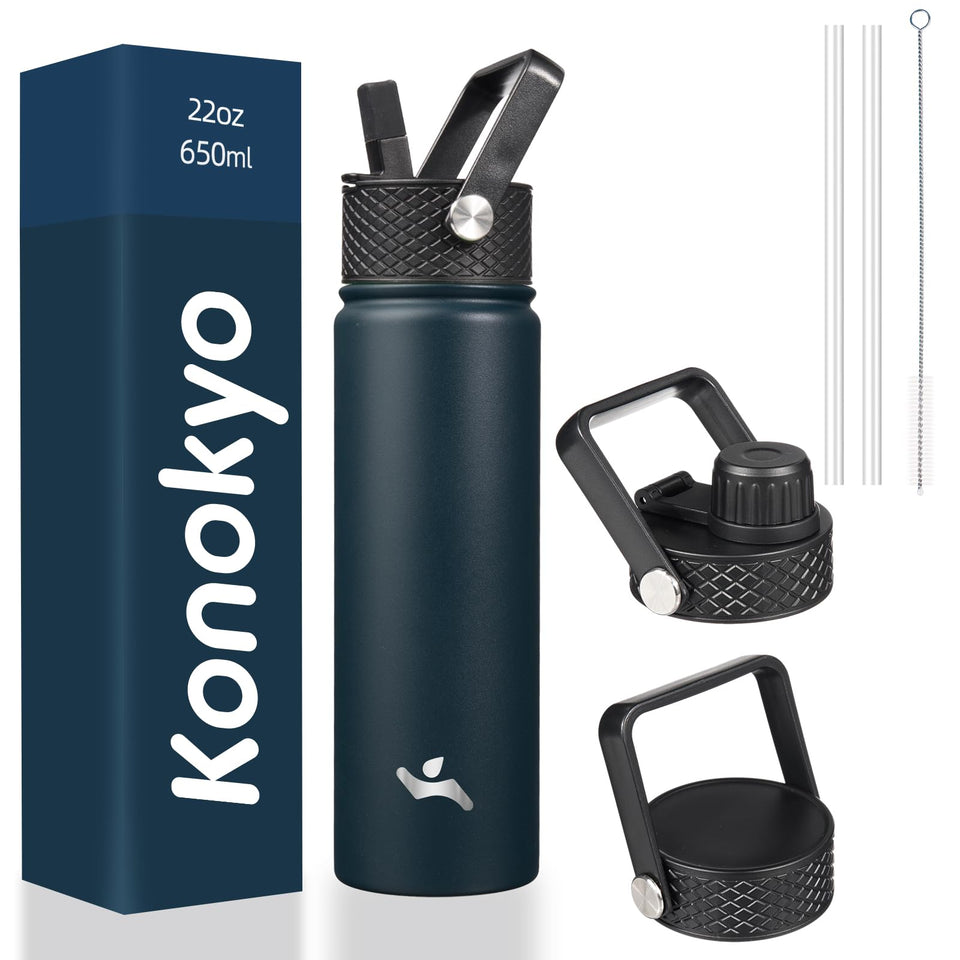 Konokyo 22oz bottle with three lids for versatile hydration on the go