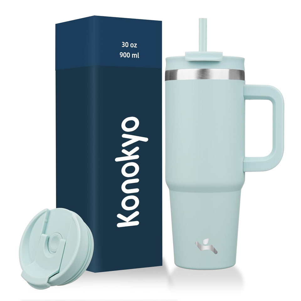 Konokyo 30oz tumbler with handle in blue haze for easy portability and spill-free sipping.