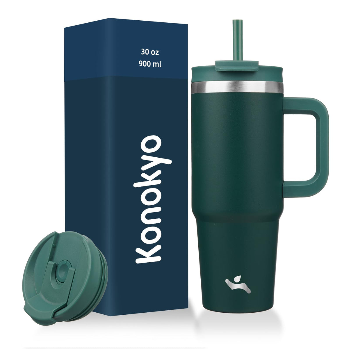 Konokyo 30oz tumbler with handle in dark green preserves temperature during daily use