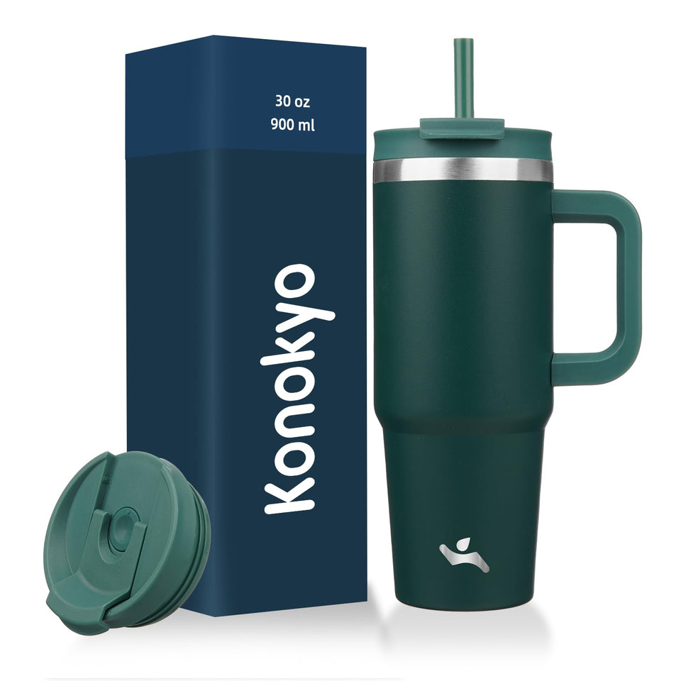 Konokyo 30oz tumbler with handle in dark green preserves temperature during daily use