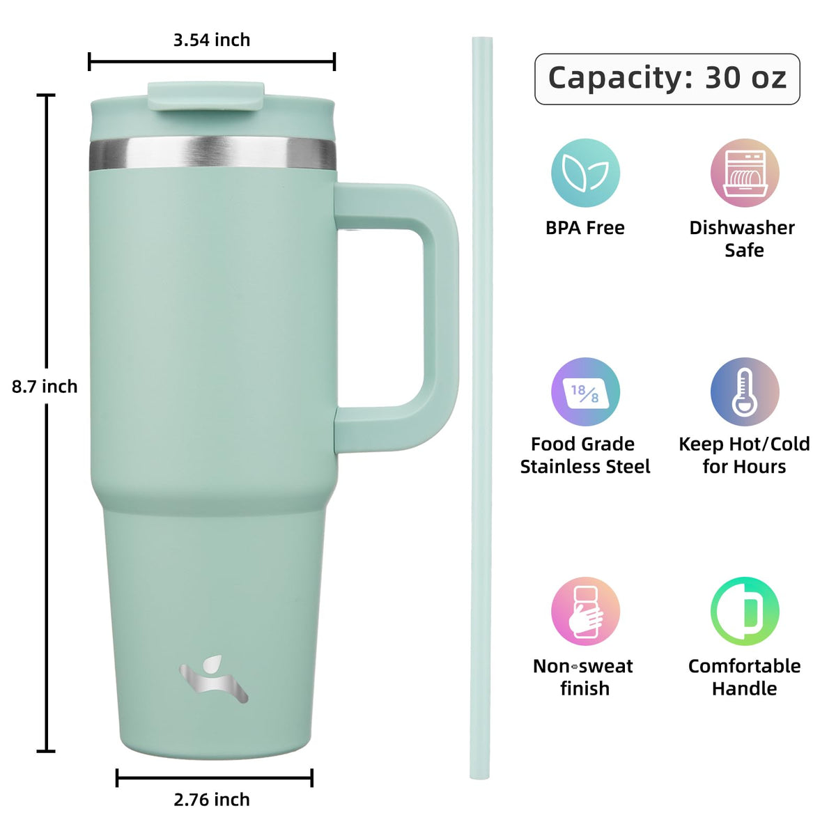 Slim-base tumbler fits most cup holders for travel.