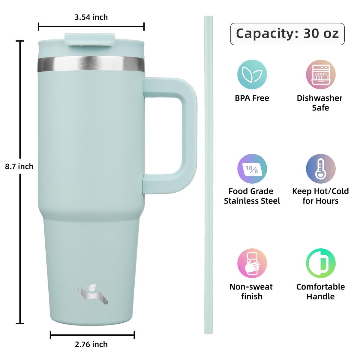Konokyo 30oz tumbler tapered base fits most cup holders for travel.