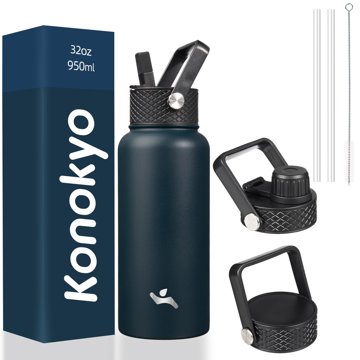 Konokyo 32oz insulated bottle navy with three lids for versatile hydration on the go.