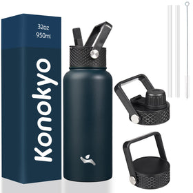 Konokyo 32oz insulated bottle navy with three lids for versatile hydration on the go.