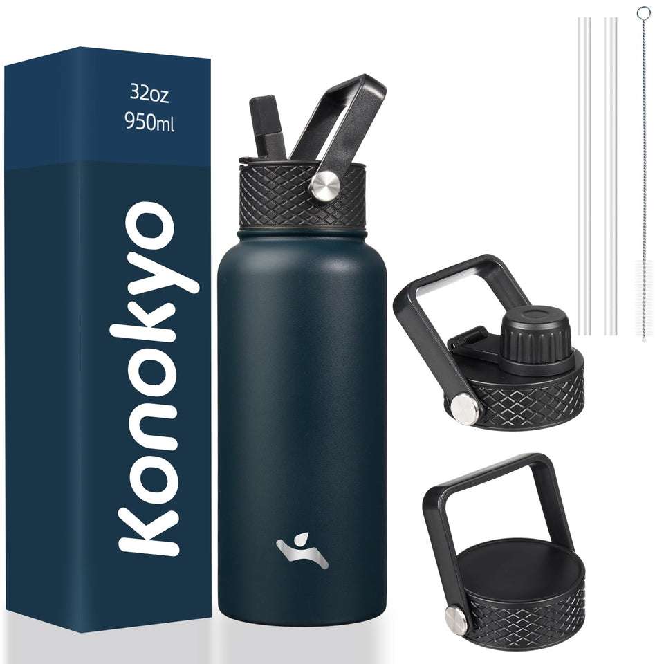 Konokyo 32oz insulated bottle navy with three lids for versatile hydration on the go.