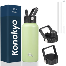 Konokyo 32 oz insulated bottle with three lids, macaron-green, ready for on-the-go hydration.