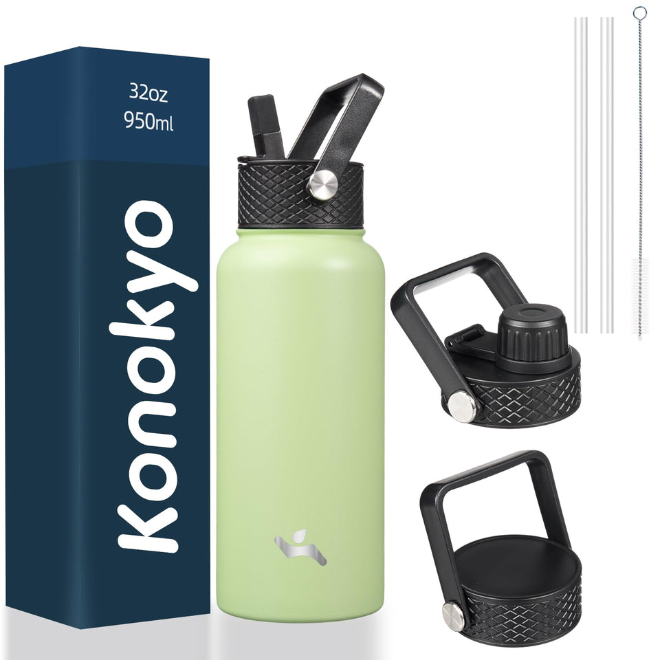 Konokyo 32 oz insulated bottle with three lids, macaron-green, ready for on-the-go hydration.