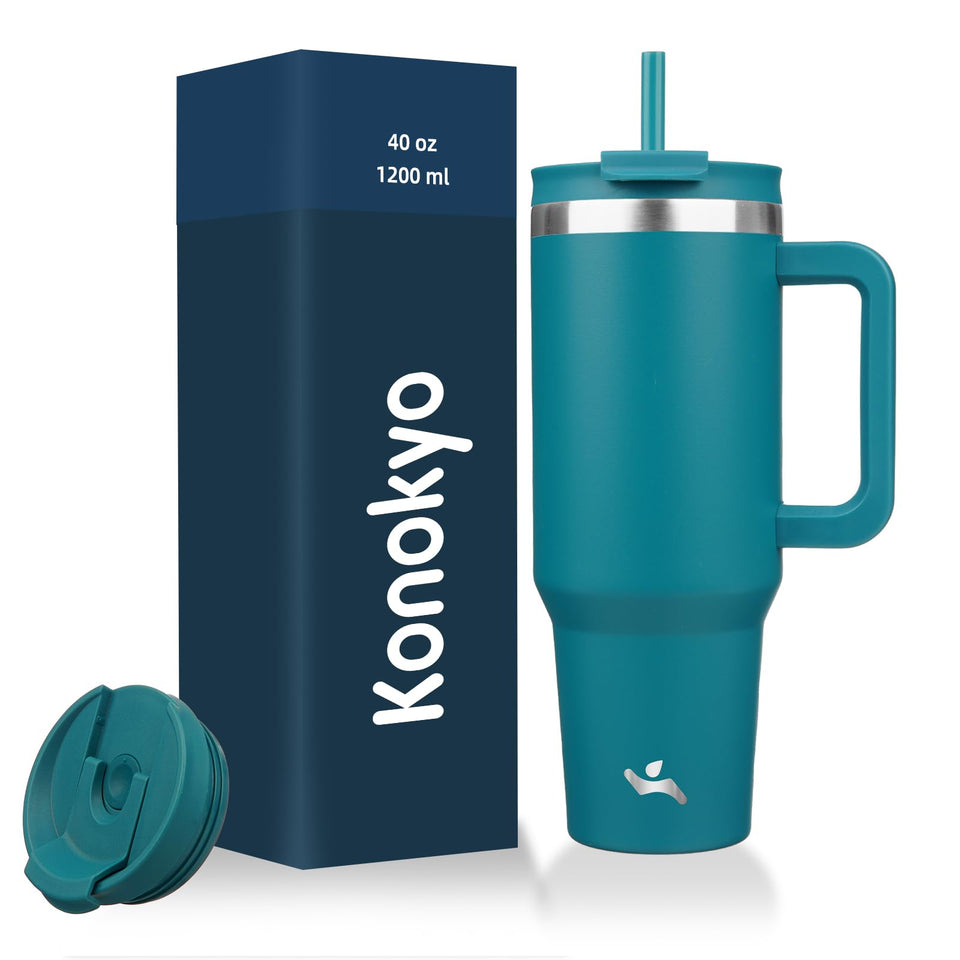 Konokyo 40oz tumbler with blue handle for effortless on-the-go hydration.