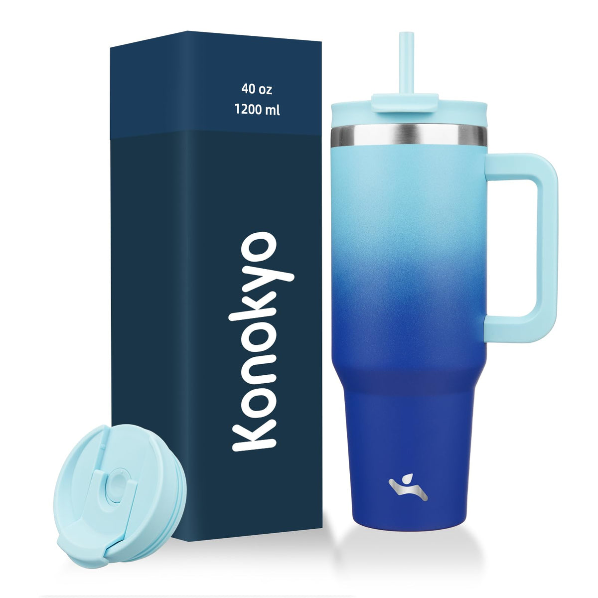 Konokyo 40oz tumbler with handle in Sky, front view ideal for all-day hydration.