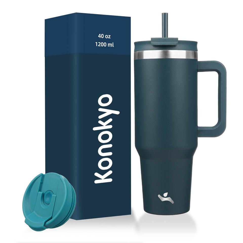 Konokyo 40oz tumbler with handle and straw in navy for all-day hydration on the go.
