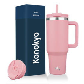 Konokyo 40 oz tumbler in pink with handle and straw for easy hydration on the go.