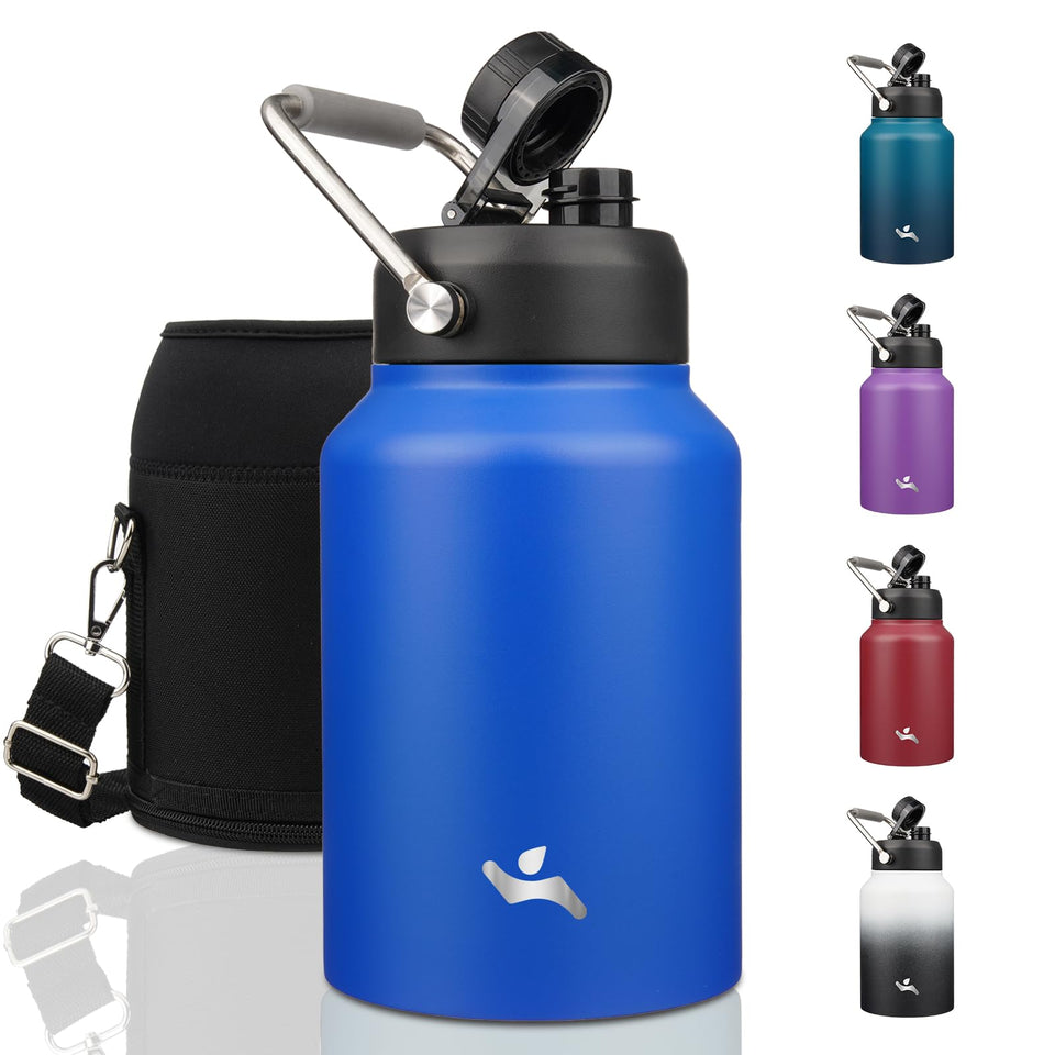 Konokyo 64 oz insulated bottle with blue handle keeps drinks cold for hours