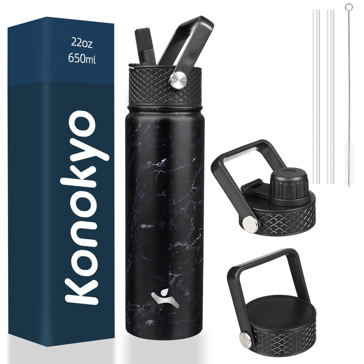 Konokyo Marble Midnight 22oz front view with dual-wall insulation for temp control