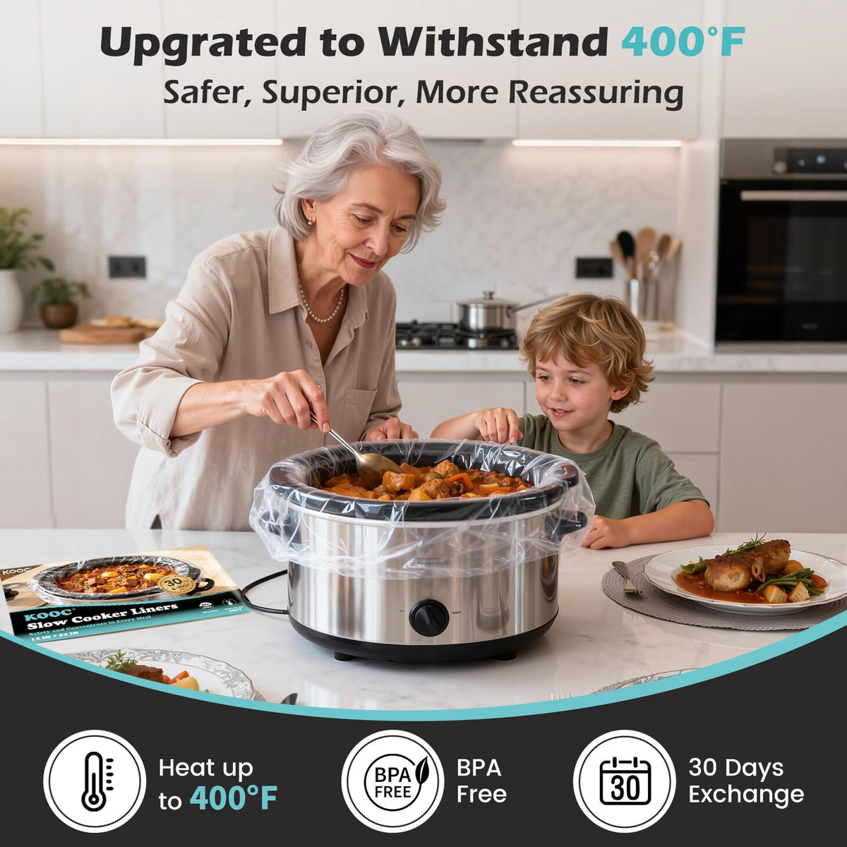 KOOC liner material is BPA-free and FDA-compliant for safe cooking up to 400°F