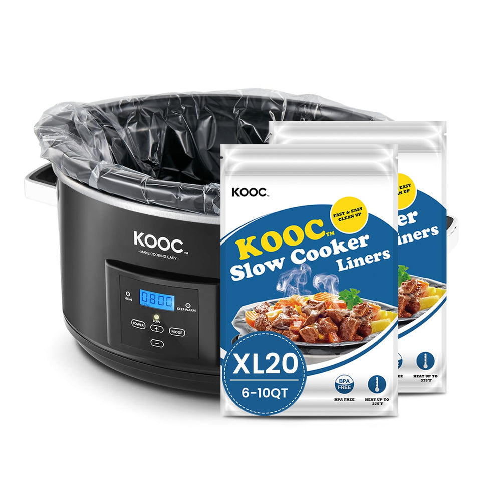KOOC slow cooker liners in packaging highlight easy disposal.