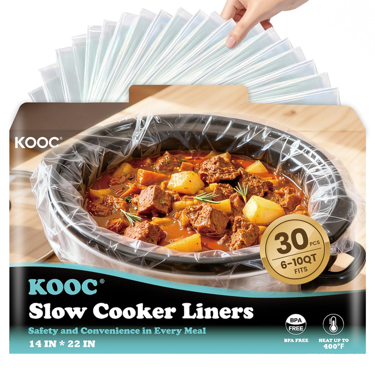 KOOC slow cooker liners 30-count pack ready for batch meal prep