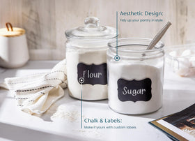 KooK bathroom apothecary canisters for cotton balls and Q-tips.