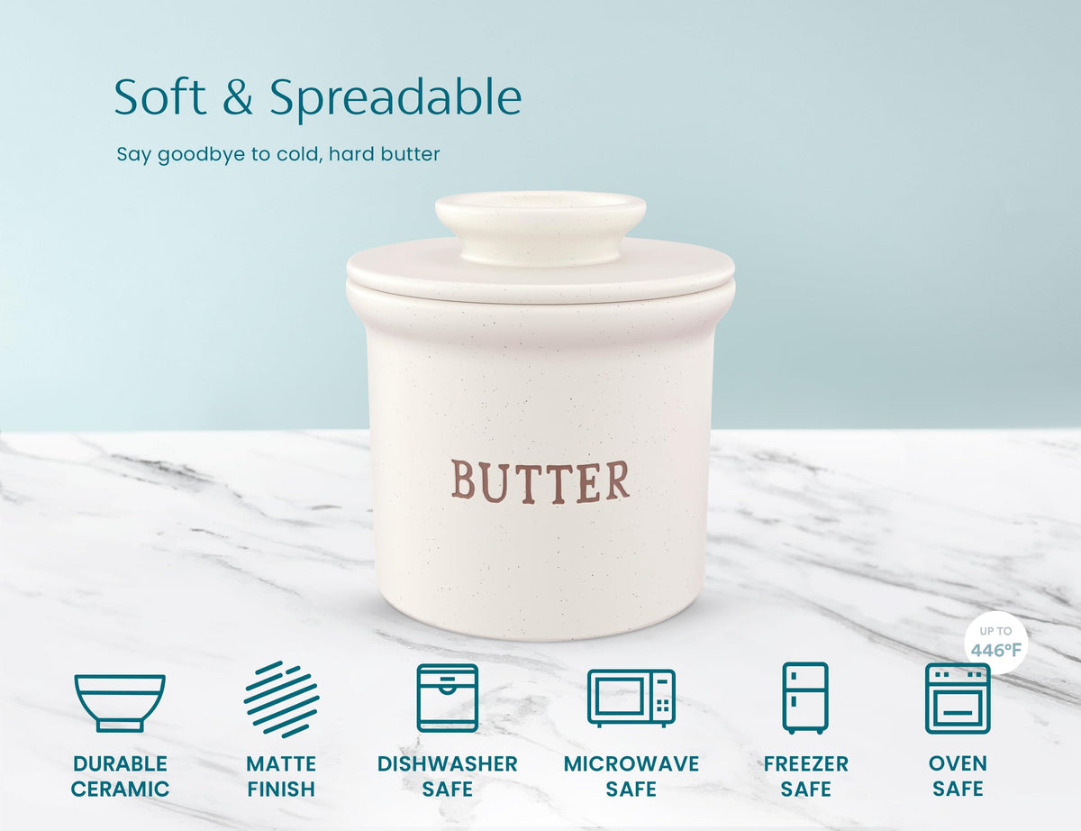 Dishwasher-safe ceramic material of KooK butter keeper dish makes cleaning easy.