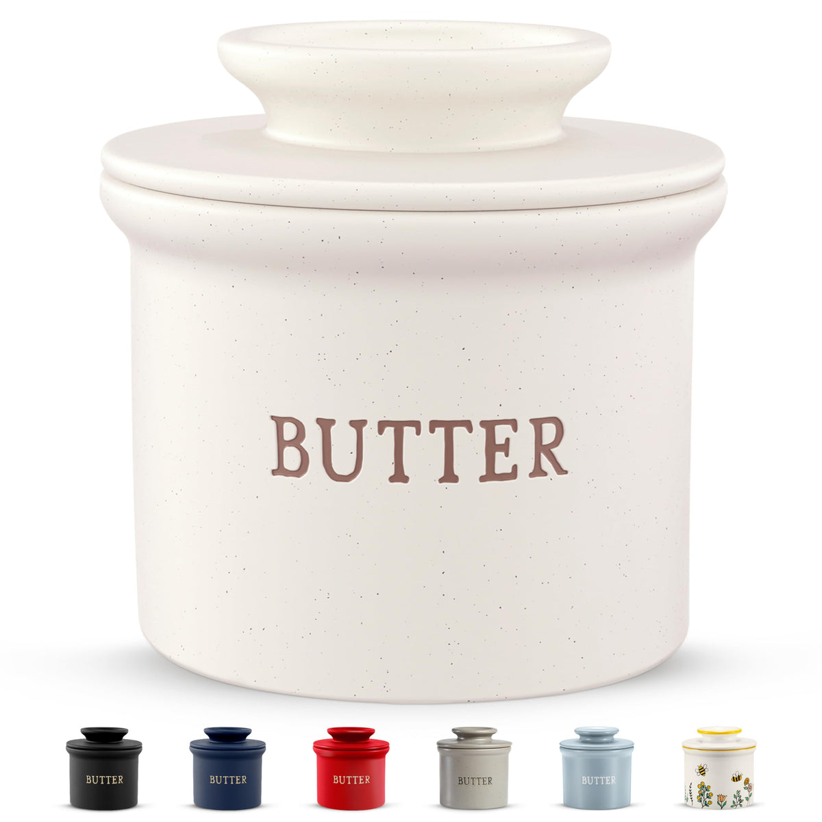 KooK butter keeper dish on countertop keeps butter soft for spreading.