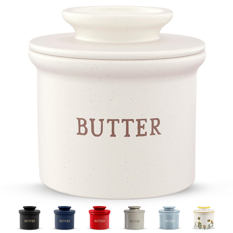 KooK butter keeper dish on countertop keeps butter soft for spreading.