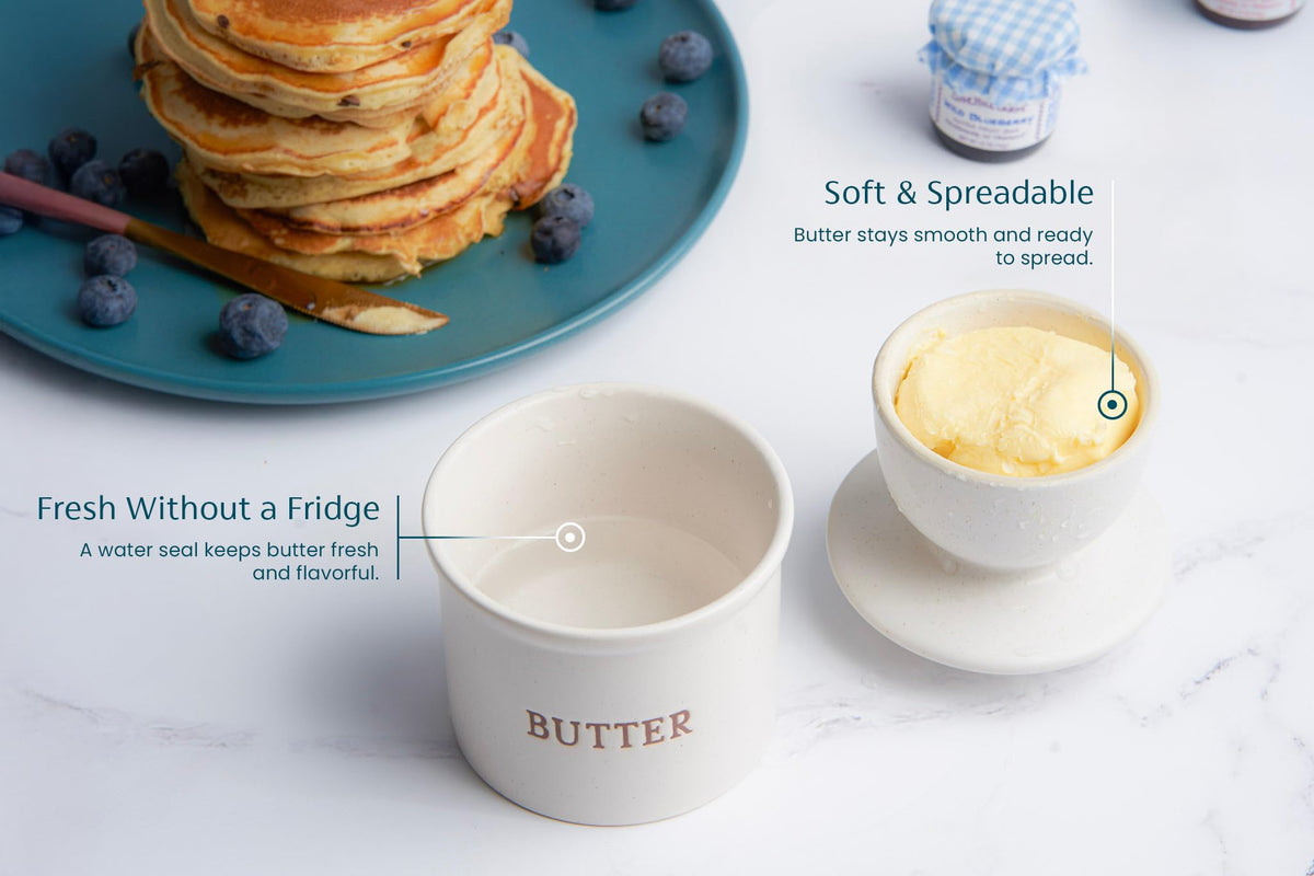 Close-up of speckled stoneware in KooK butter keeper dish for durable everyday use.