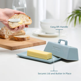 Kook ceramic butter dish on countertop shows squared design for space efficiency.