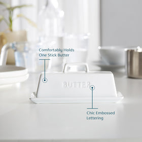 KooK butter dish front view shows a sleek white ceramic design.