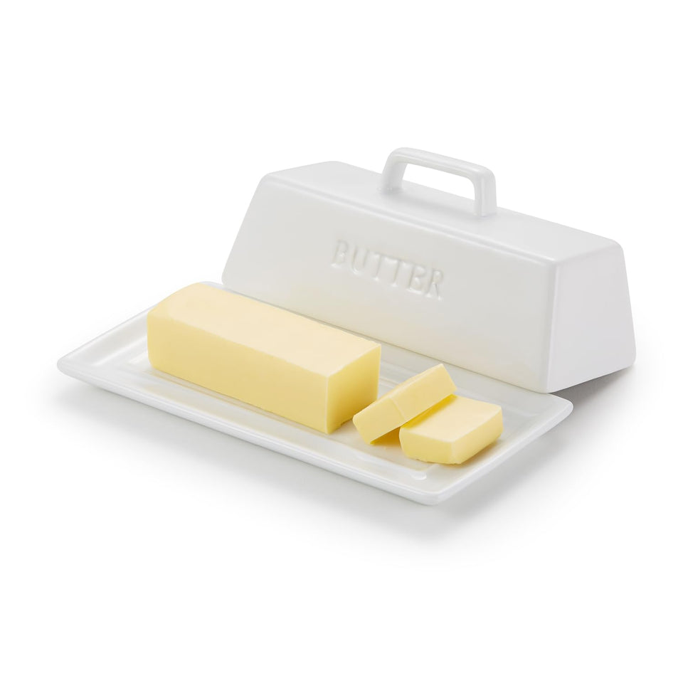 KooK ceramic butter dish with lid on top keeps butter fresh and ready to spread.
