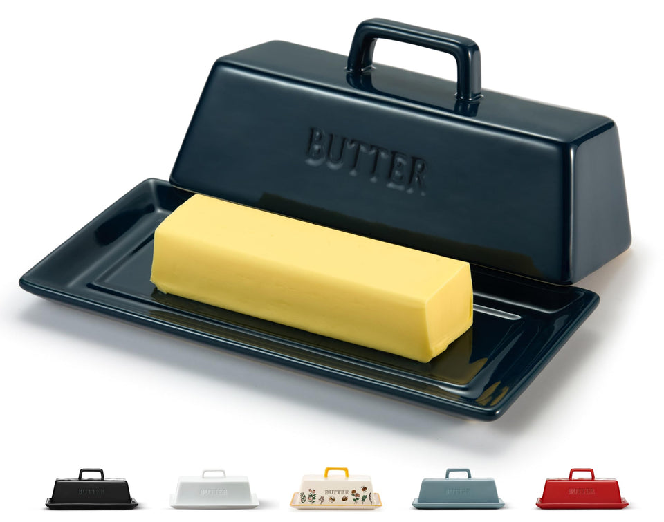 Kook ceramic butter dish with navy lid keeps butter fresh and ready to spread.