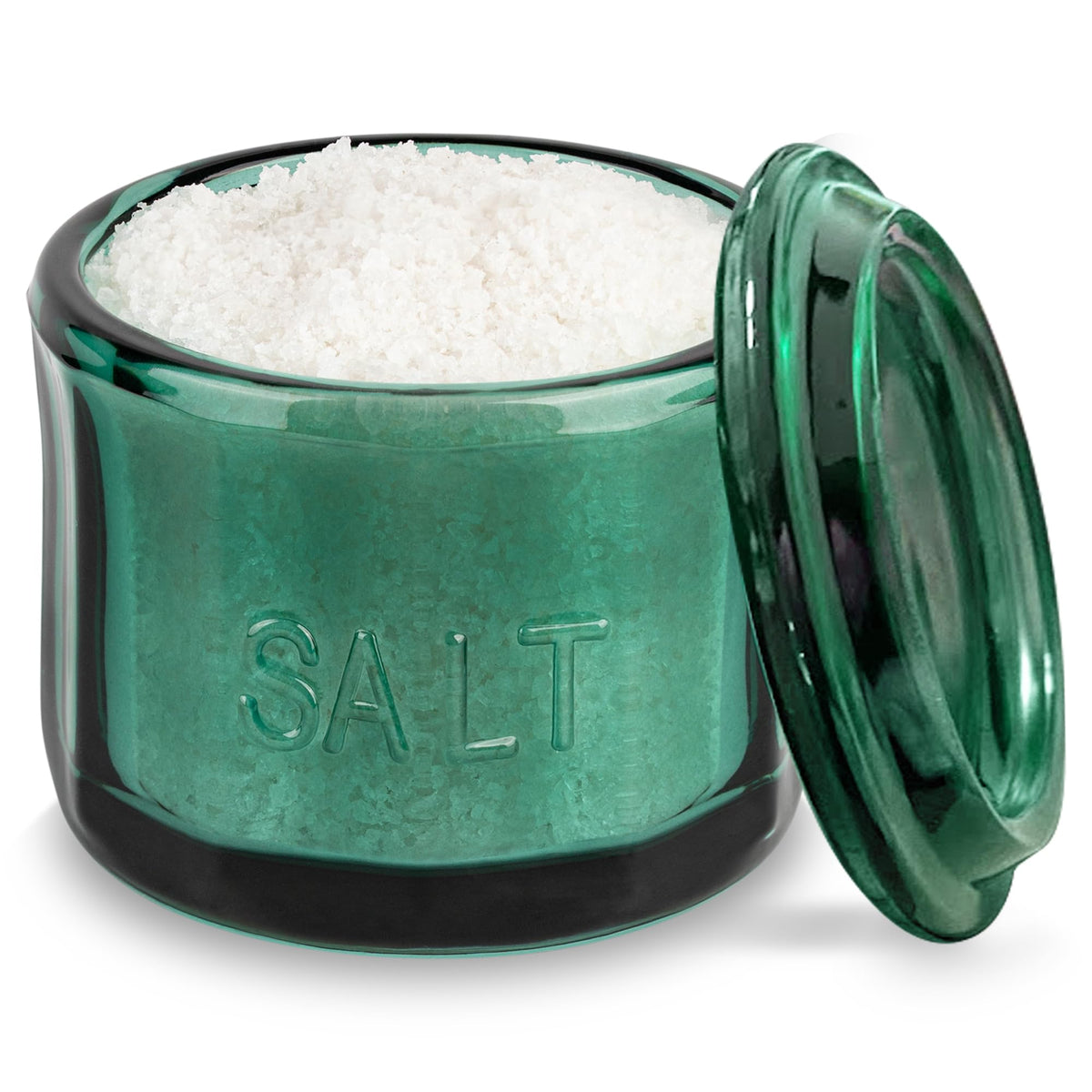 KooK Emerald Green Glass Salt Cellar with Lid shows embossed texture and keeps seasonings near the stove.