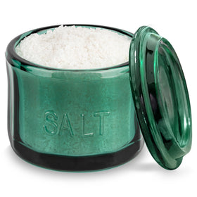 KooK Emerald Green Glass Salt Cellar with Lid shows embossed texture and keeps seasonings near the stove.
