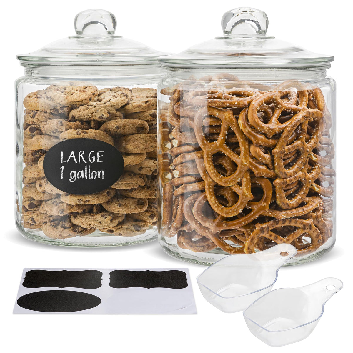 KooK glass jars on a countertop with labels ready for pantry organization.