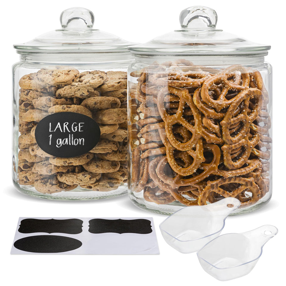 KooK glass jars on a countertop with labels ready for pantry organization.