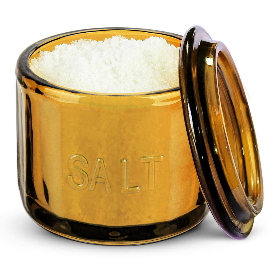 KooK Glass Salt Cellar with embossed pressed glass and lid keeps spices fresh.