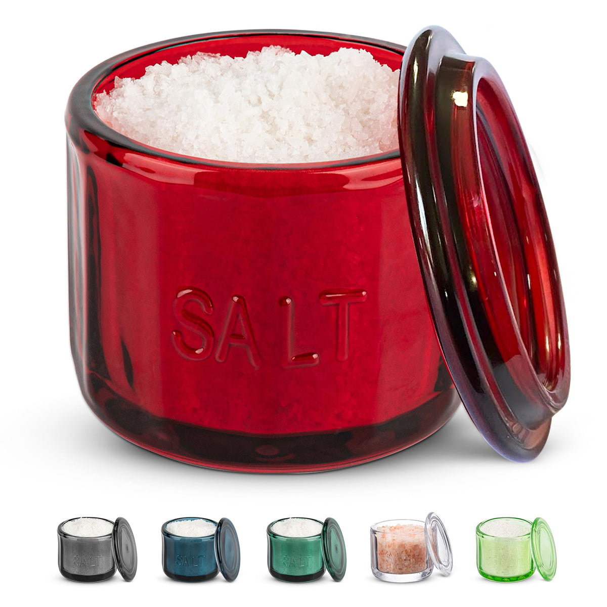 KooK glass salt cellar with lid in ruby red for easy seasoning.