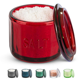 KooK glass salt cellar with lid in ruby red for easy seasoning.