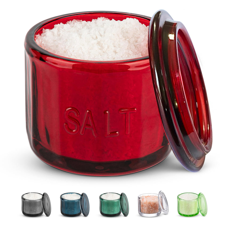 KooK glass salt cellar with lid in ruby red for easy seasoning.