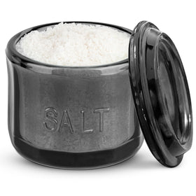 KooK glass salt cellar with lid, embossed design, ideal for stove-side seasoning.