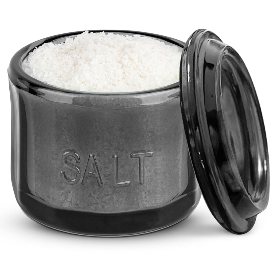 KooK glass salt cellar with lid, embossed design, ideal for stove-side seasoning.
