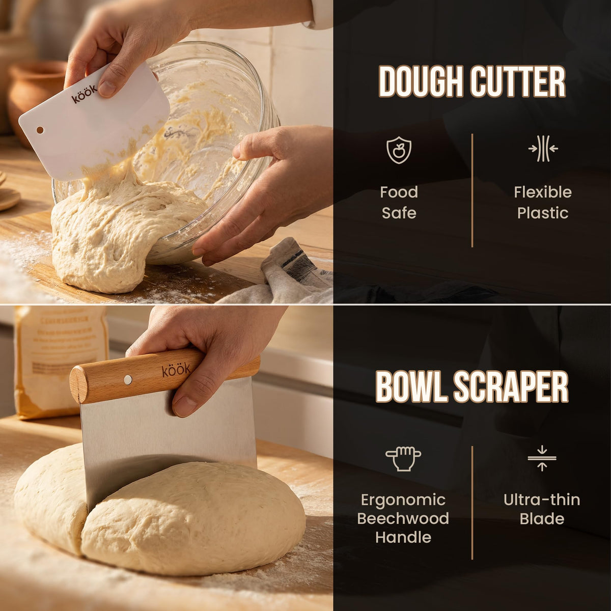 KooK metal scraper for durable dough handling and precise scraping.