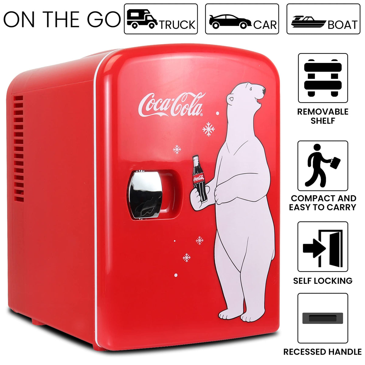Koolatron Coca-Cola 4L mini-fridge cord-access view demonstrates AC and DC power compatibility.