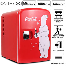 Koolatron Coca-Cola 4L mini-fridge cord-access view demonstrates AC and DC power compatibility.