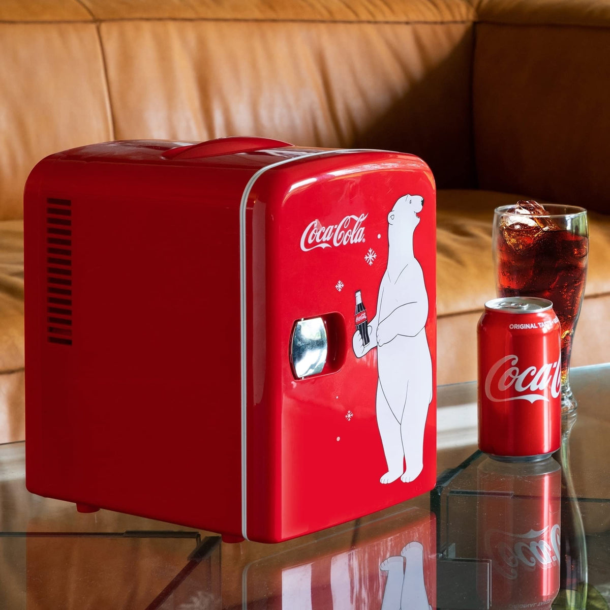 Koolatron Coca-Cola 4L mini-fridge dorm-room ready image highlights personal refreshments.