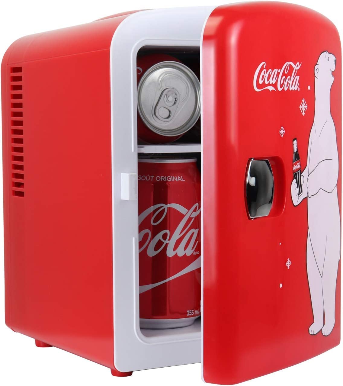 Koolatron Coca-Cola 4L mini-fridge front view highlights compact desk storage for beverages.