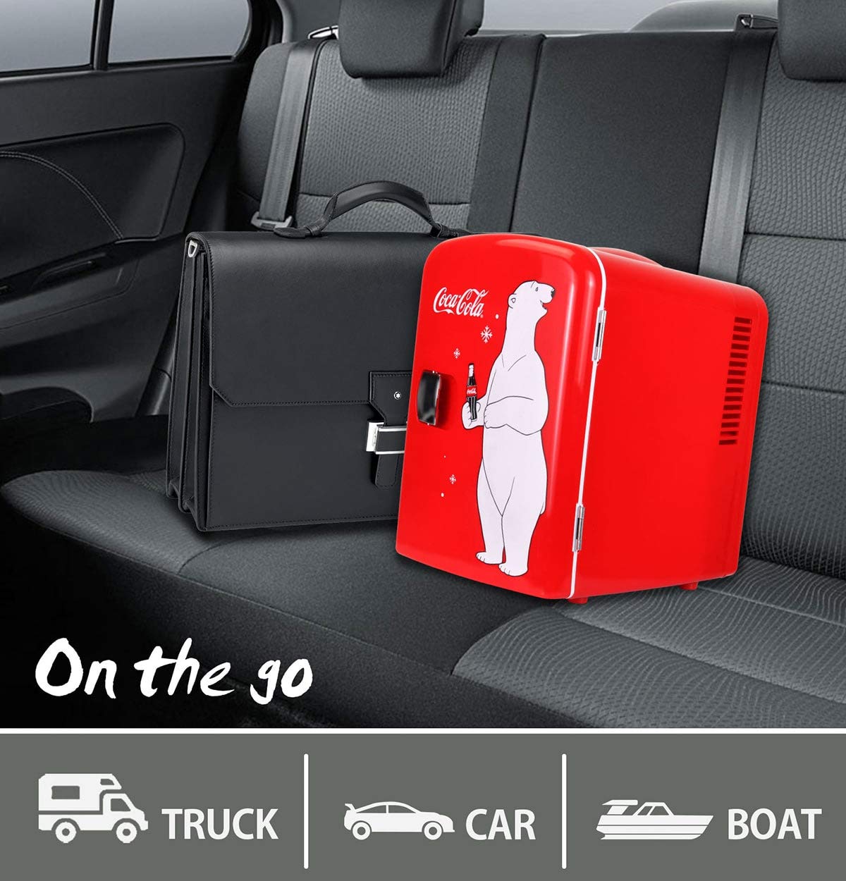 Koolatron Coca-Cola 4L mini-fridge polar-bear-design emphasizes nostalgic gift appeal.