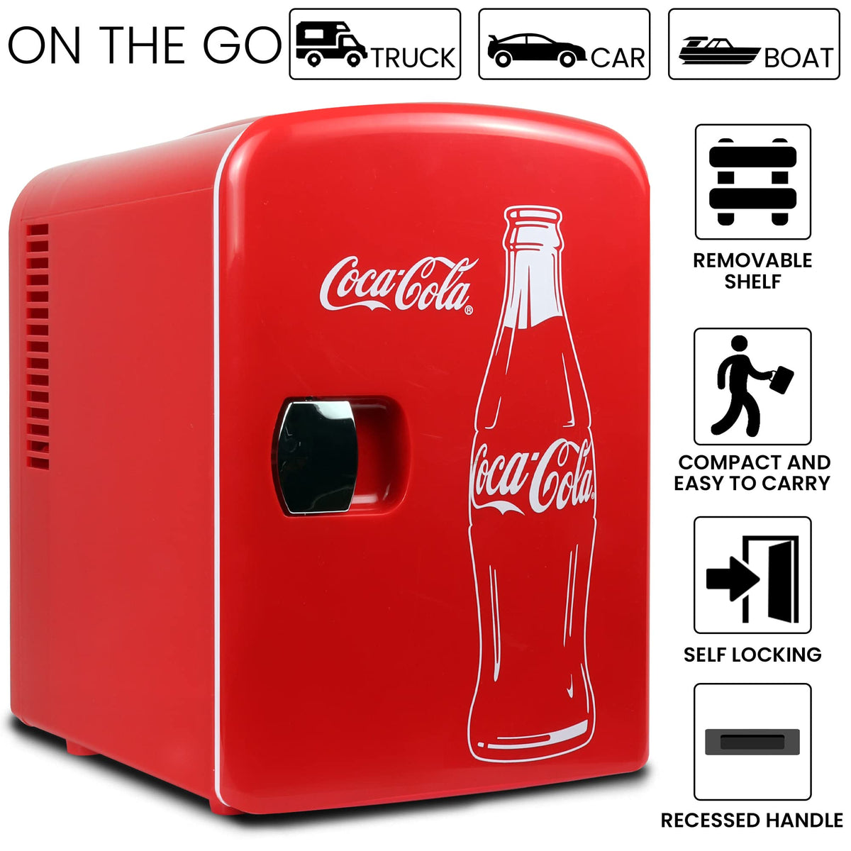 Koolatron Coca-Cola mini fridge red six-can capacity, ideal for dorms