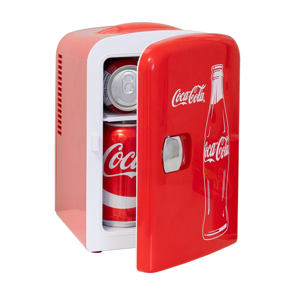 Koolatron Coca-Cola mini fridge red close-up, glossy finish and branding