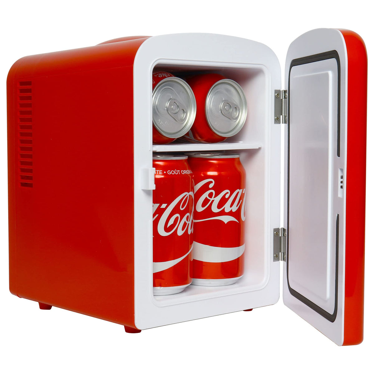Koolatron Coca-Cola mini fridge red on a desk, compact cooling for workspaces